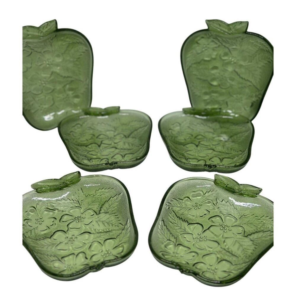Vintage‎ Hazel Atlas Apple-Shaped Glass Dishes Set 6 Floral Snack Dessert Plates